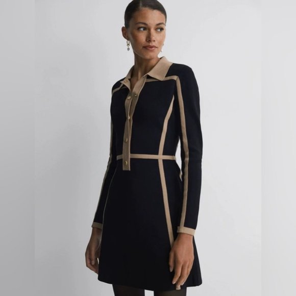 Reiss Dresses & Skirts - NEW Reiss Nikki Contrast Trim Press Stud Mini Dress in Black Camel | size S
